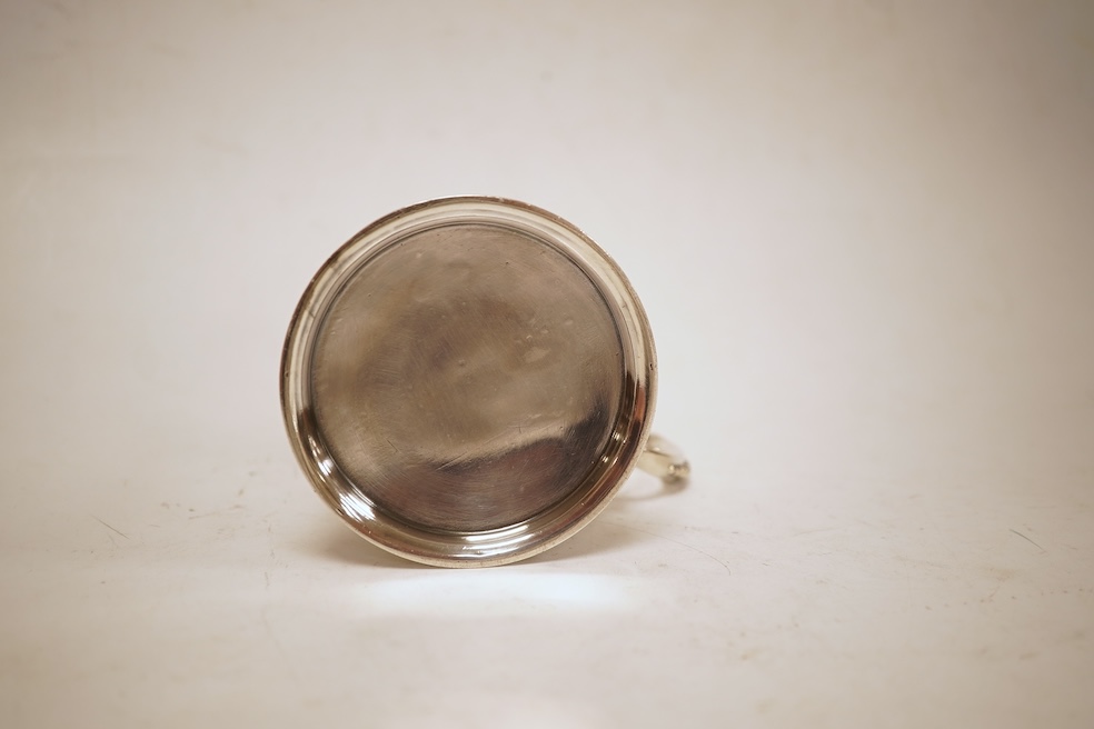 A Victorian bright cut engraved silver christening mug, of waisted form, with engraved inscription and beaded handle, Samuel Roberts & Charles Belk, Sheffield, 1867, 82mm, 5.2oz.